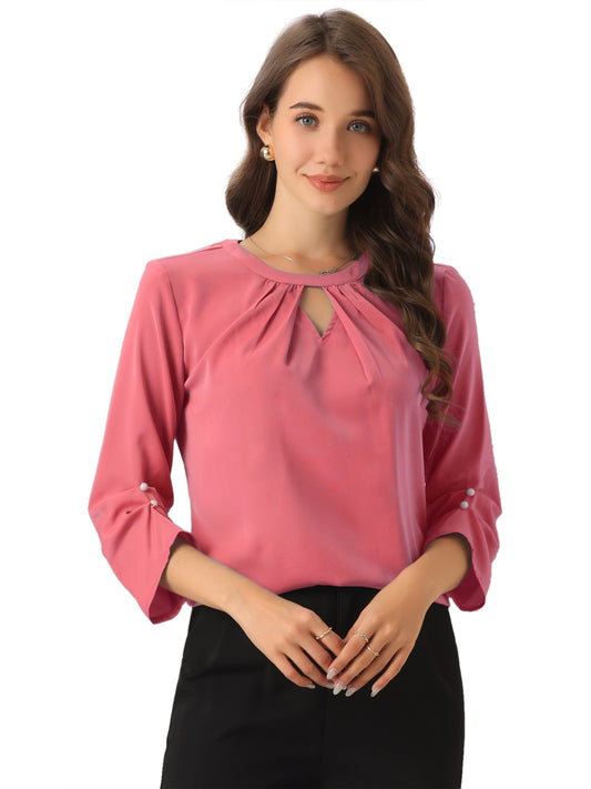 Women's Dressy Work Office Keyhole Pleated Front Ruched 3/4 Sleeve Chiffon Shirt