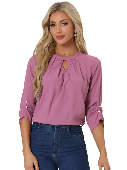 Women's Dressy Work Office Keyhole Pleated Front Ruched 3/4 Sleeve Chiffon Shirt