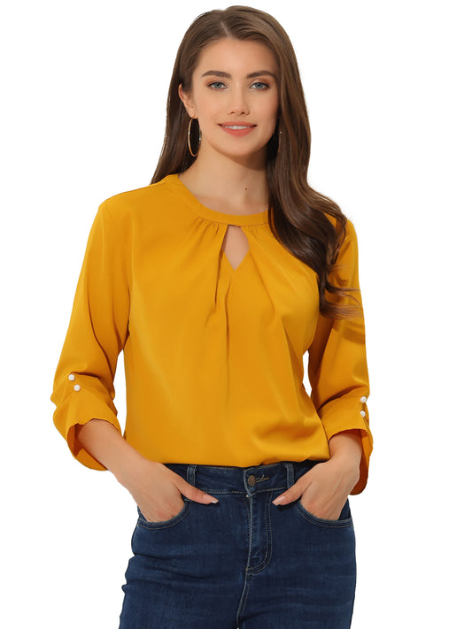Women's Dressy Work Office Keyhole Pleated Front Ruched 3/4 Sleeve Chiffon Shirt