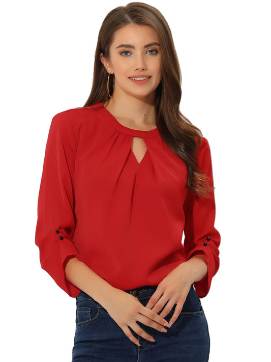 Women's Dressy Work Office Keyhole Pleated Front Ruched 3/4 Sleeve Chiffon Shirt