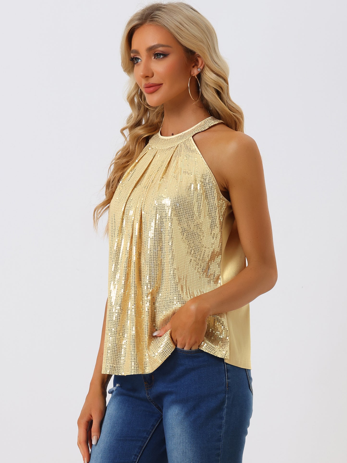 Camisola sin mangas con lentejuelas para mujer, para fiestas, cócteles y clubes