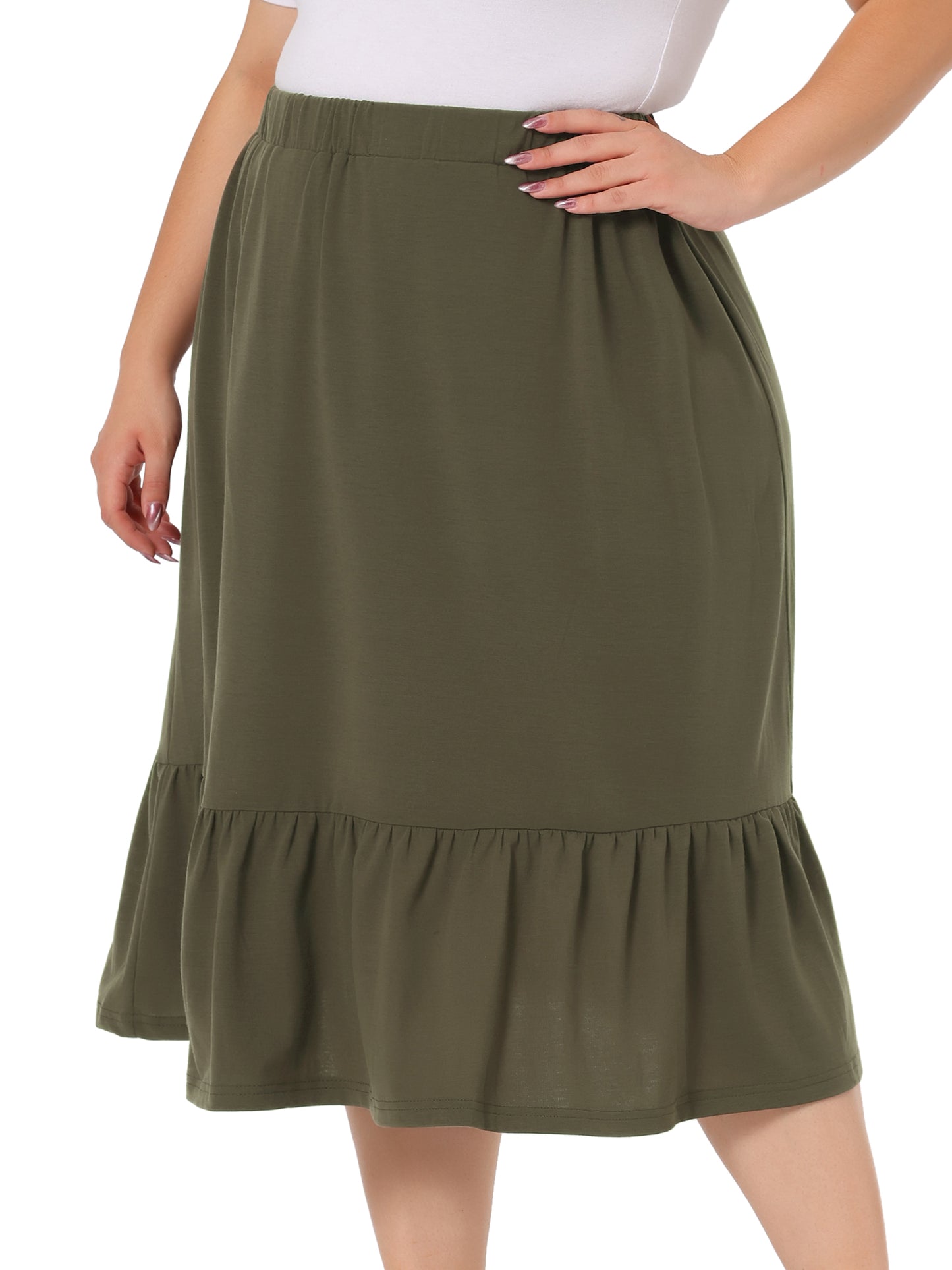 Faldas midi básicas de talla grande para mujer, elásticas, de cintura alta, con volantes, informales, de corte A