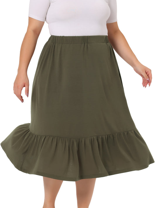 Faldas midi básicas de talla grande para mujer, elásticas, de cintura alta, con volantes, informales, de corte A