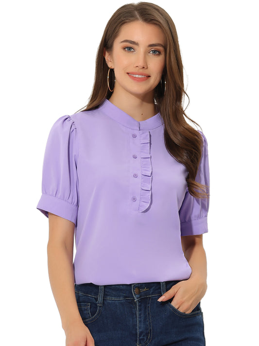 Women's Retrp Workwear Half Placket Puff Sleeve Ruffled Blouse Top