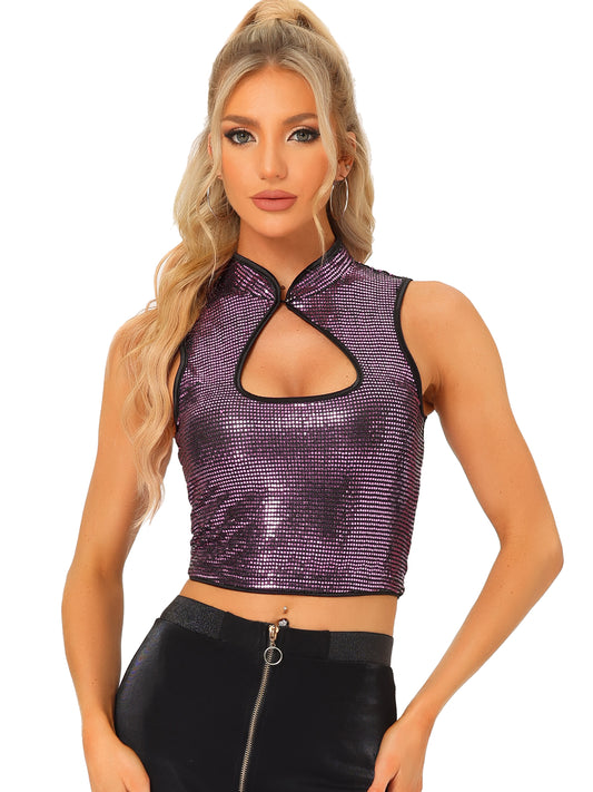Women's Sleeveless Cut Out Front Crop Tank Top Slim Fitted Sequins Top