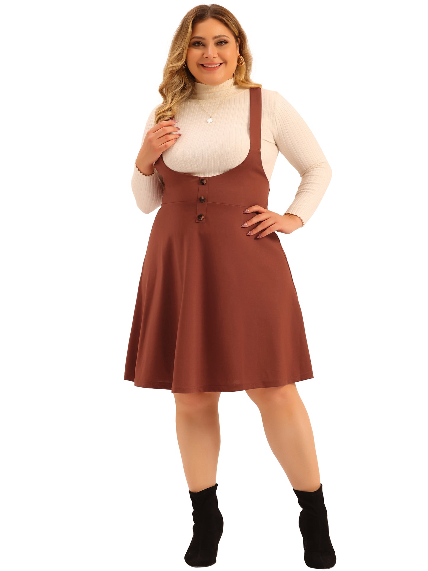 Women Plus Size Suspender Skirt Casual High Waist Detachable Strap Button Decor Overalls Dress