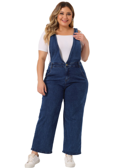 Women Plus Size Overalls Denim Pants V Neck Strap Chambray Pants