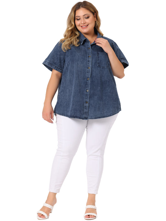 Women Plus Size Denim Shirt Jean Western Shirts Short Sleeve Button Down Top