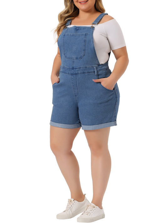 Mono de mezclilla con bolsillos y dobladillo enrollado para mujer, talla grande