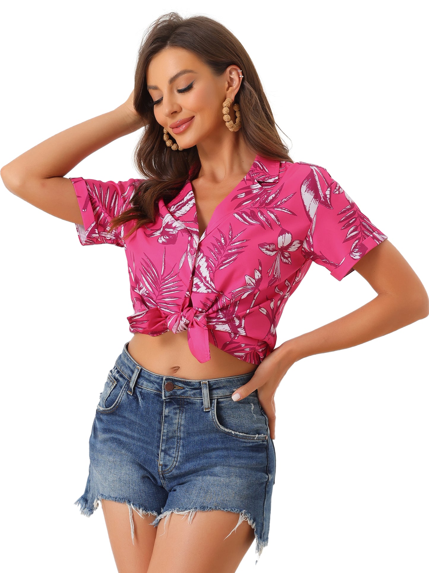 Women's Hawaiian Summer Floral Leaves Printed Short Sleeve Top Tropical Button Down Shirt (Available in Plus Size)