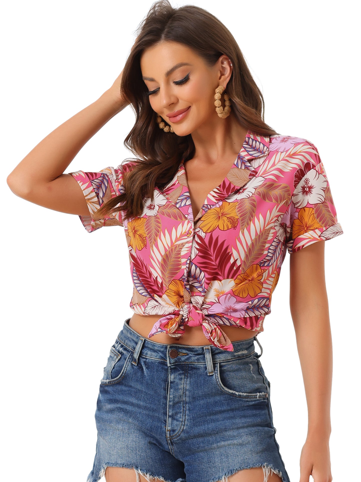 Women's Hawaiian Summer Floral Leaves Printed Short Sleeve Top Tropical Button Down Shirt (Available in Plus Size)