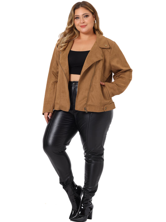 Women Plus Size Faux Suede Jacket Moto Biker Zipper Bomber Crop Coat Jacket
