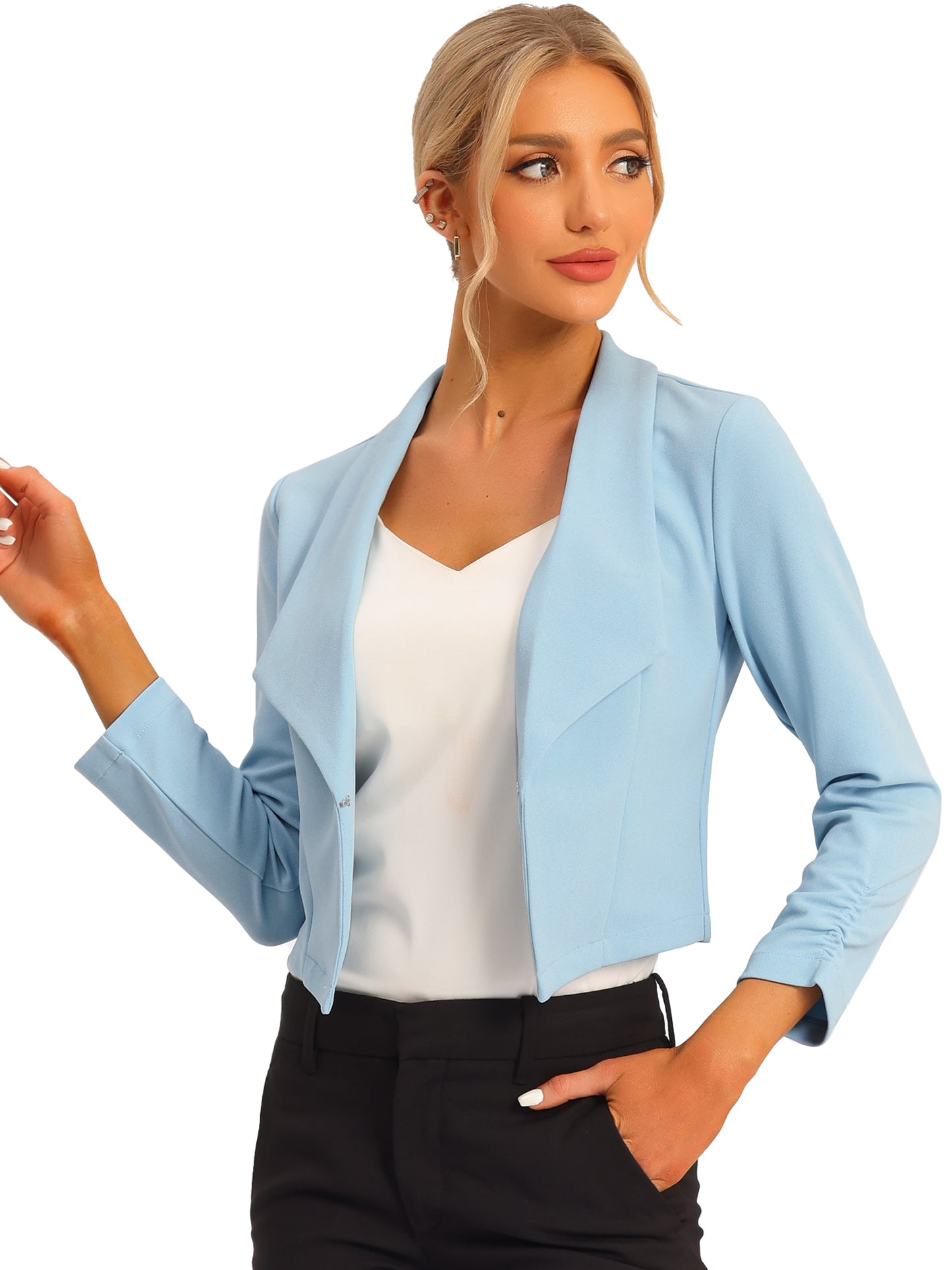 Women's Notched Lapel Ruched Sleeve Business Cropped Blazer (Available in Plus Size)