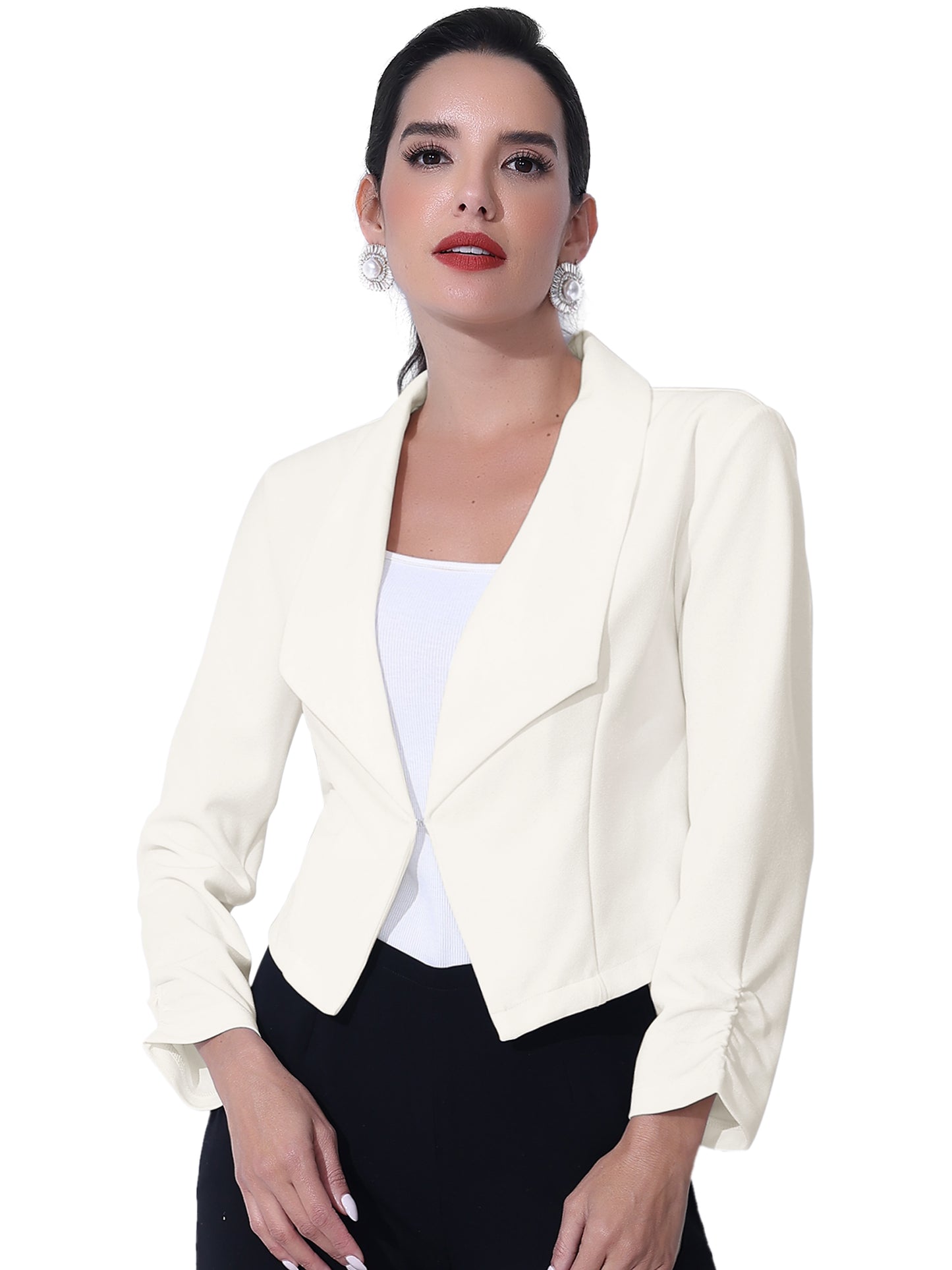 Women's Notched Lapel Ruched Sleeve Business Cropped Blazer (Available in Plus Size)