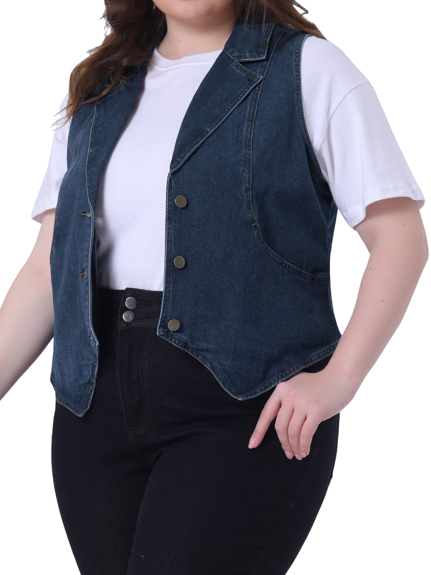Women Plus Size Denim Vest Lapel Sleeveless Casual Waistcoat Jean Vest Jacket