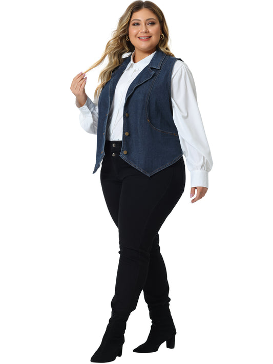Women Plus Size Denim Vest Lapel Sleeveless Casual Waistcoat Jean Vest Jacket