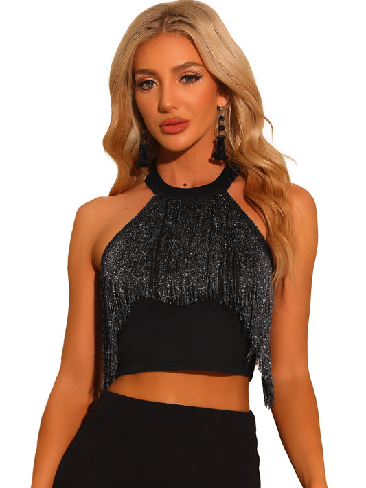 Women's Crop Tops Fringe Trim Glitter Sleeveless Tie Halter Neck Sparkly Party Corset Top