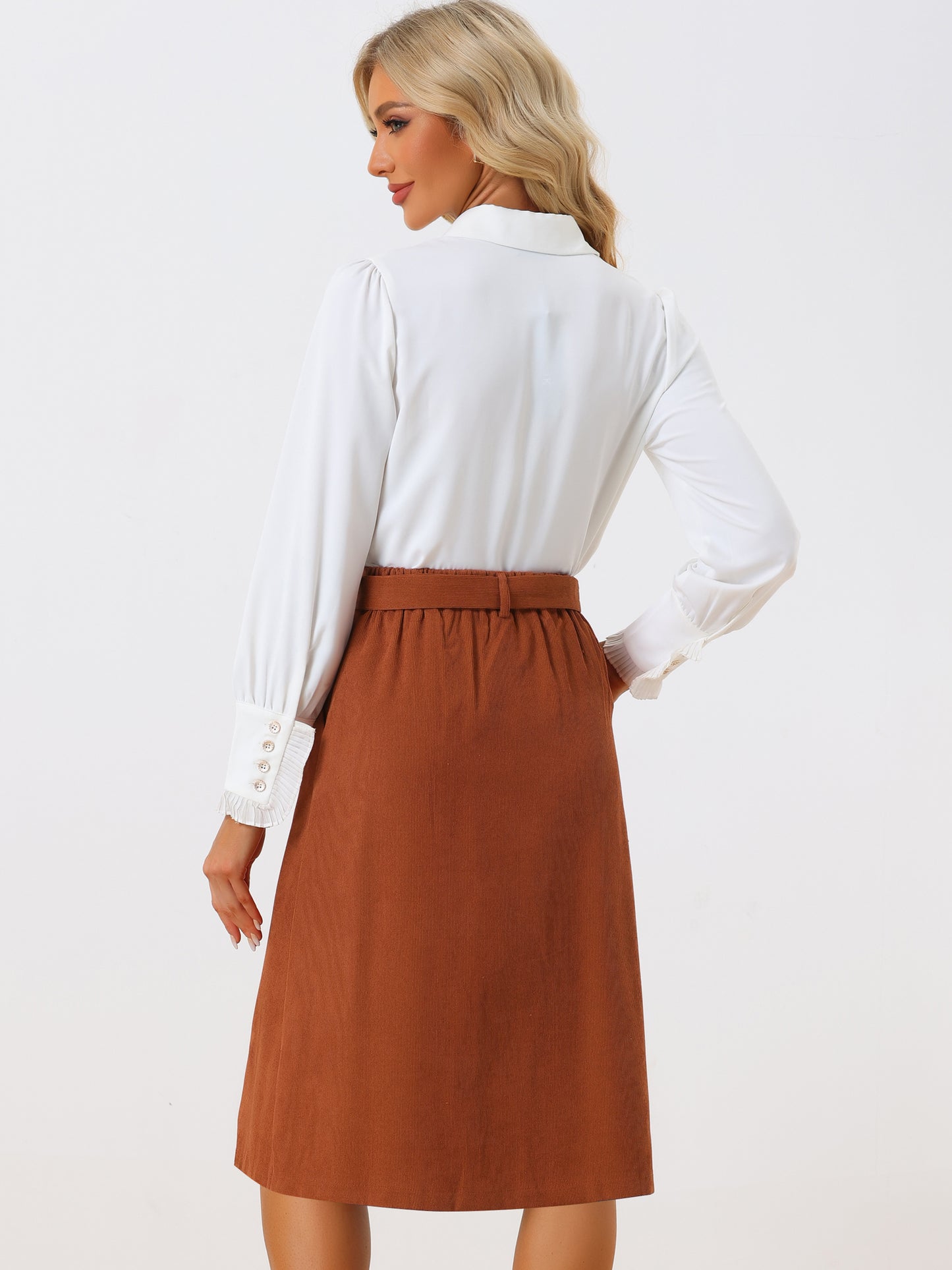 Women's High Waist Elastic Back A-Line Belted Winter Fall Midi Corduroy Skirt