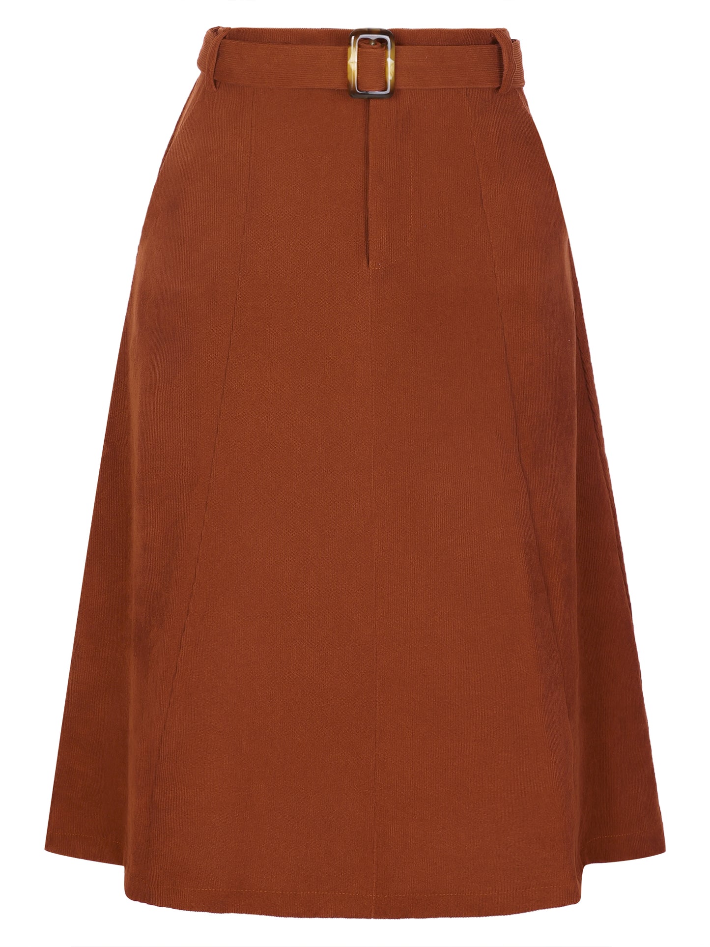 Women's High Waist Elastic Back A-Line Belted Winter Fall Midi Corduroy Skirt