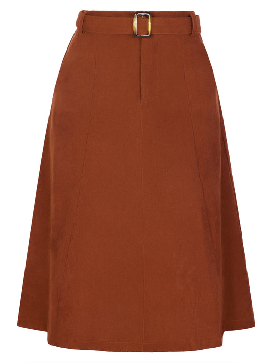 Women's High Waist Elastic Back A-Line Belted Winter Fall Midi Corduroy Skirt