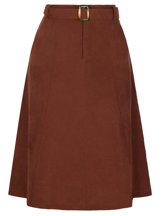 Women's High Waist Elastic Back A-Line Belted Winter Fall Midi Corduroy Skirt