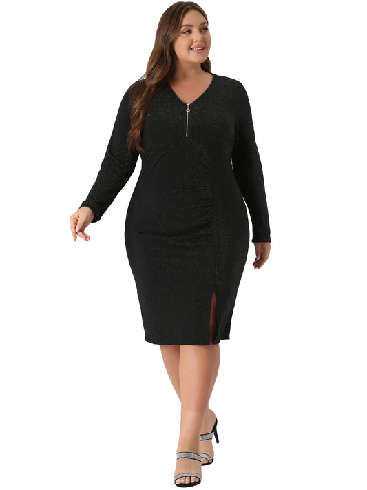Women Plus Size Sexy Sparkly Glitter Dress Deep V Party Cocktail Club Bodycon Midi Dress