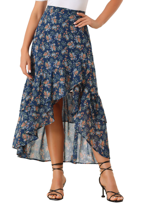 Women's Floral Ruffle Skirt Wrap Tiered Asymmetrical Chiffon Skirt
