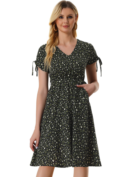 Women's Casual Midi V Neck Tie Cuffs Belted Floral Dress