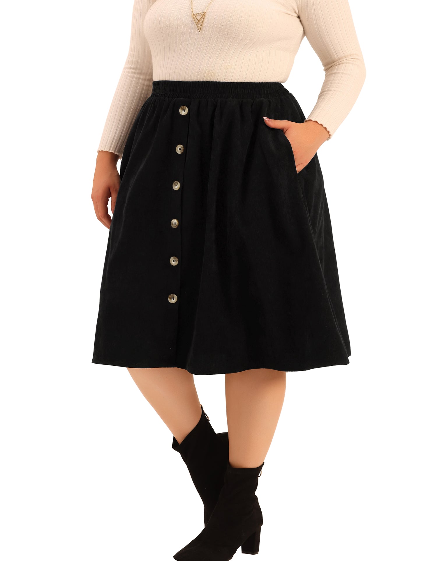 Women Plus Size Corduroy Midi Skirts Elastic High Waist Button Front A-Line Skirt with Pockets