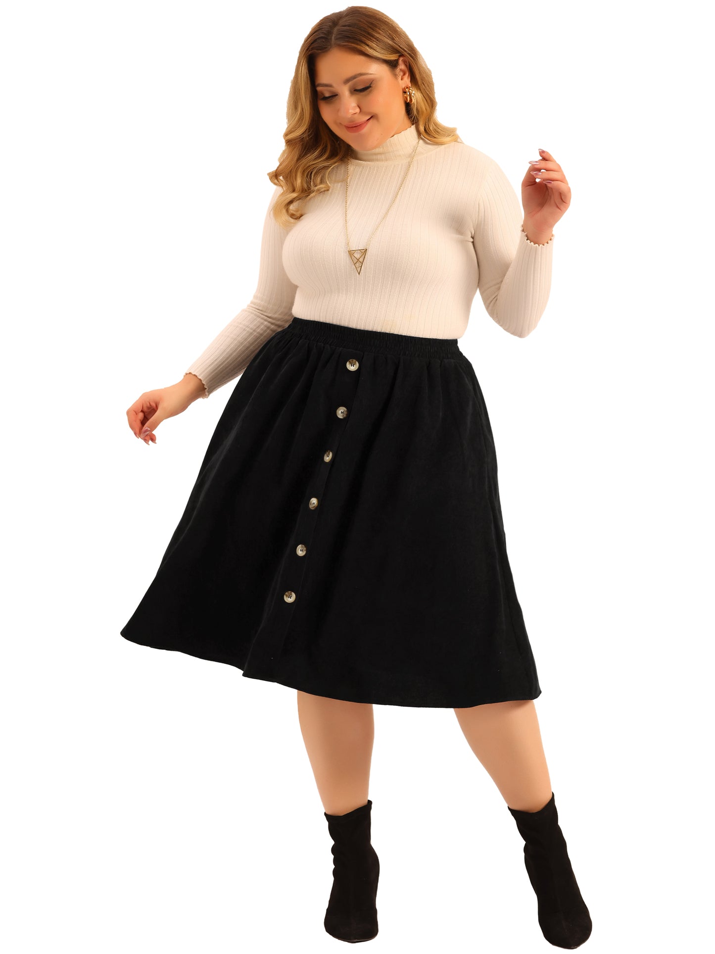 Women Plus Size Corduroy Midi Skirts Elastic High Waist Button Front A-Line Skirt with Pockets