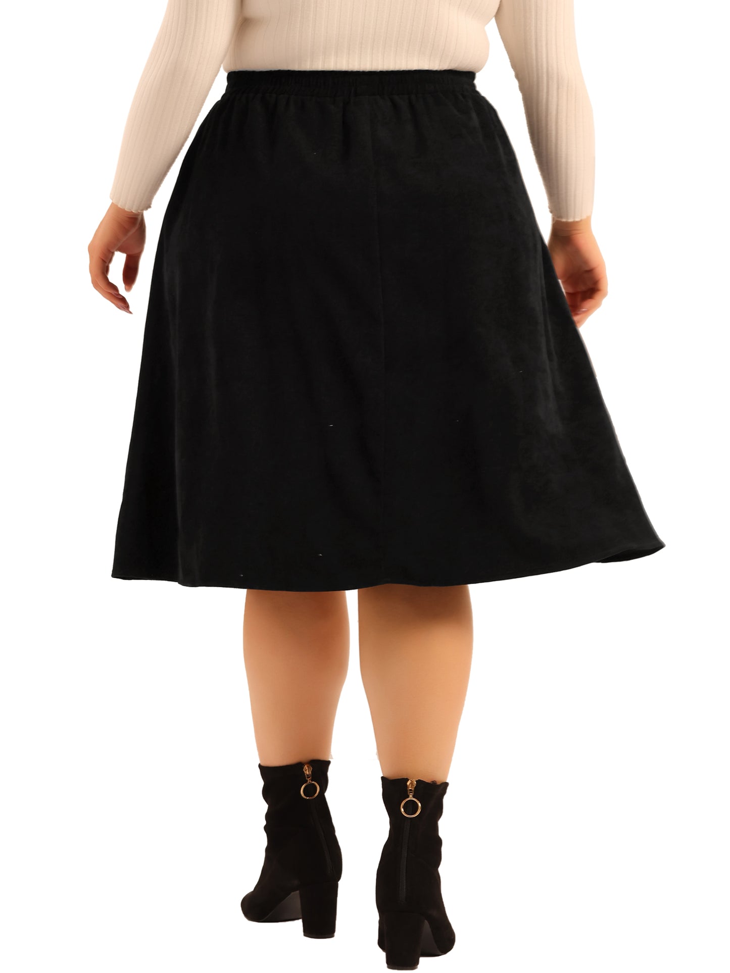 Women Plus Size Corduroy Midi Skirts Elastic High Waist Button Front A-Line Skirt with Pockets