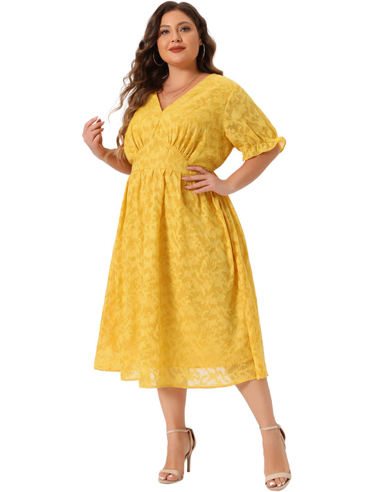 Women Plus Size Dress Casual V Neck Bubble Short Sleeve Semi Sheer Swing Flowy Summer Dresses