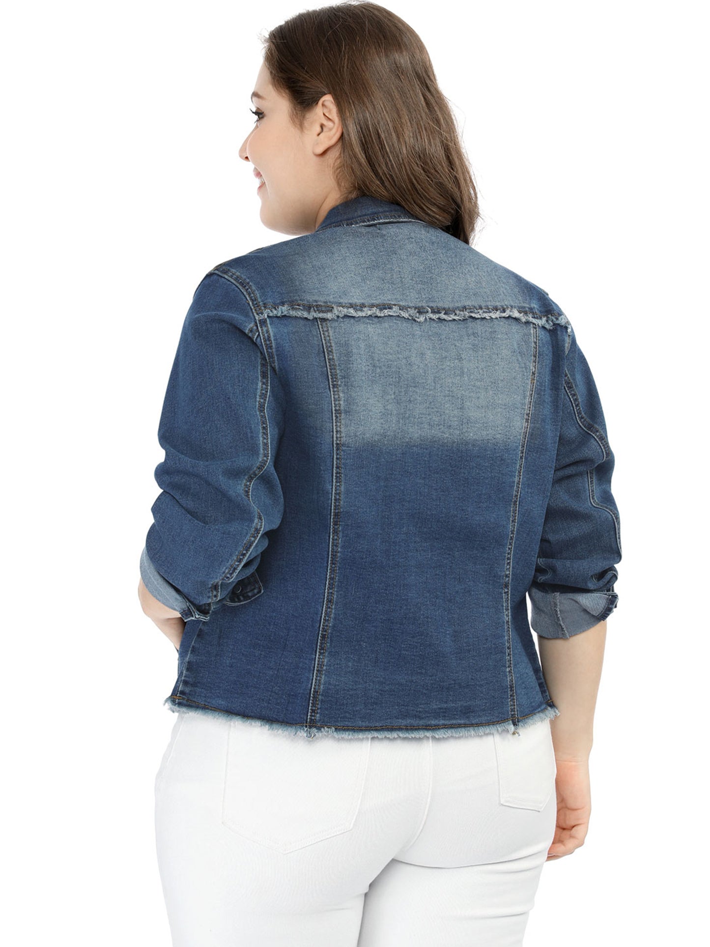 Agnes Orinda Plus Size Classic Washed Front Frayed Denim Jacket Blue