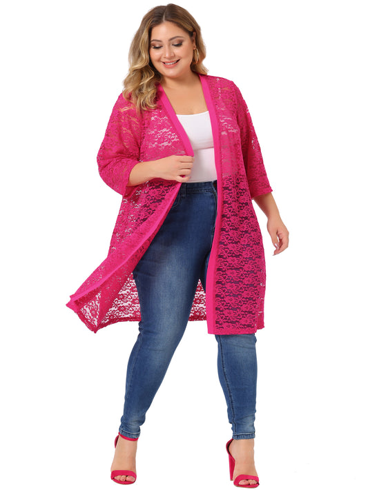 Women Plus Size Cardigans Lace Lightweight Crochet 3/4 Sleeve Cover Up Jacket