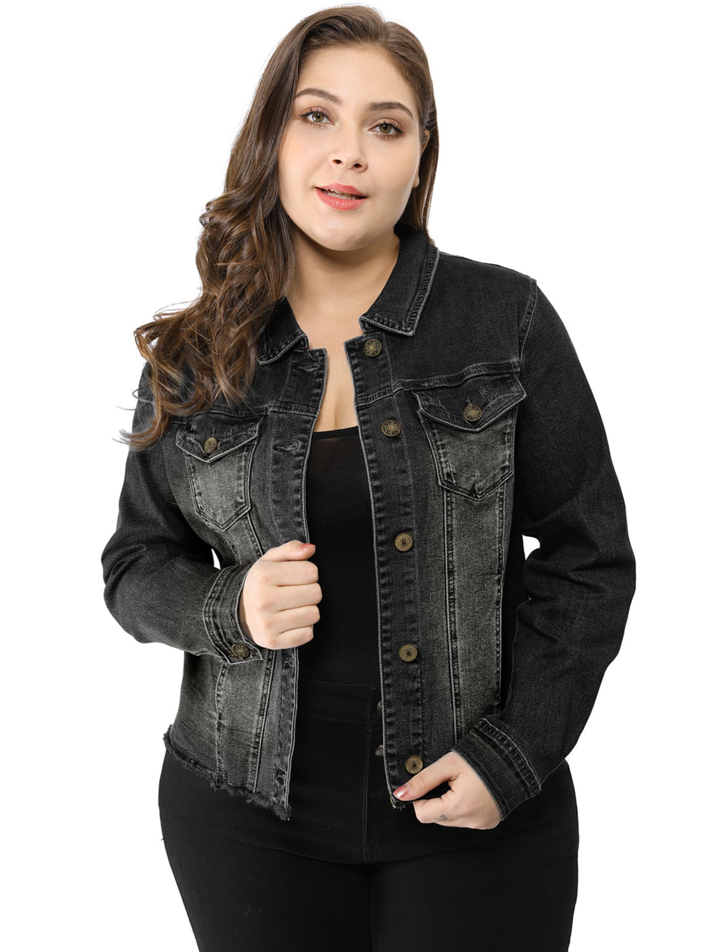 Agnes Orinda Plus Size Classic Washed Front Frayed Denim Jacket Black