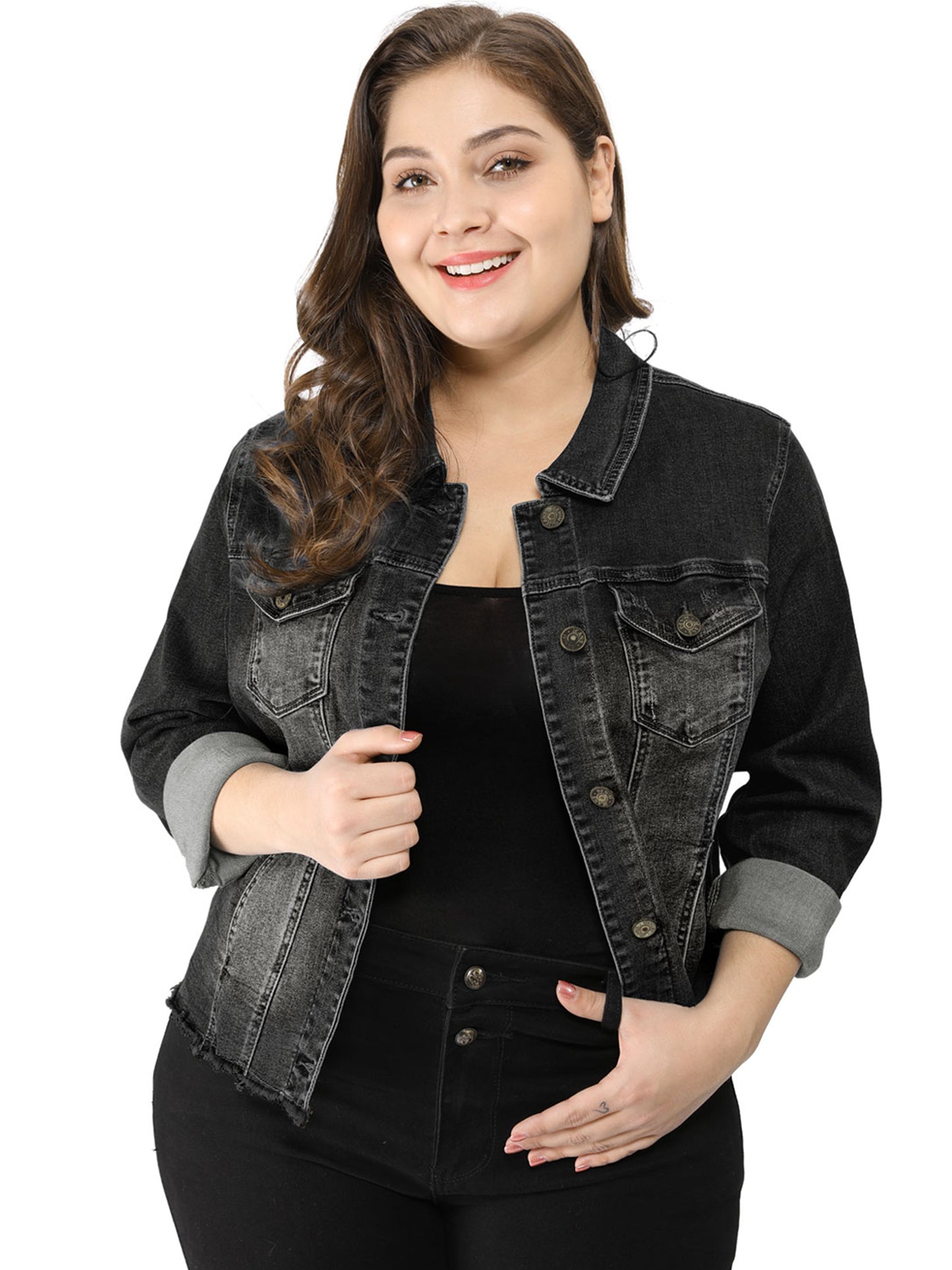 Agnes Orinda Plus Size Classic Washed Front Frayed Denim Jacket Black