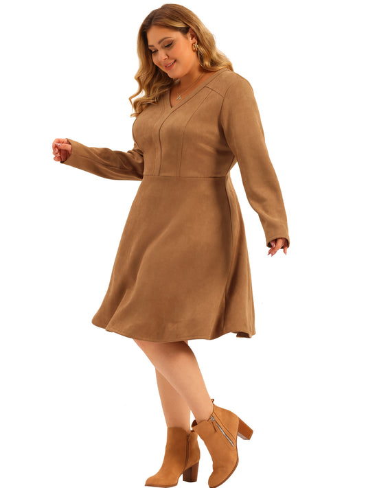 Women Plus Size Faux Suede Dress V Neck Long Sleeve A-Line Elegant Midi Dress