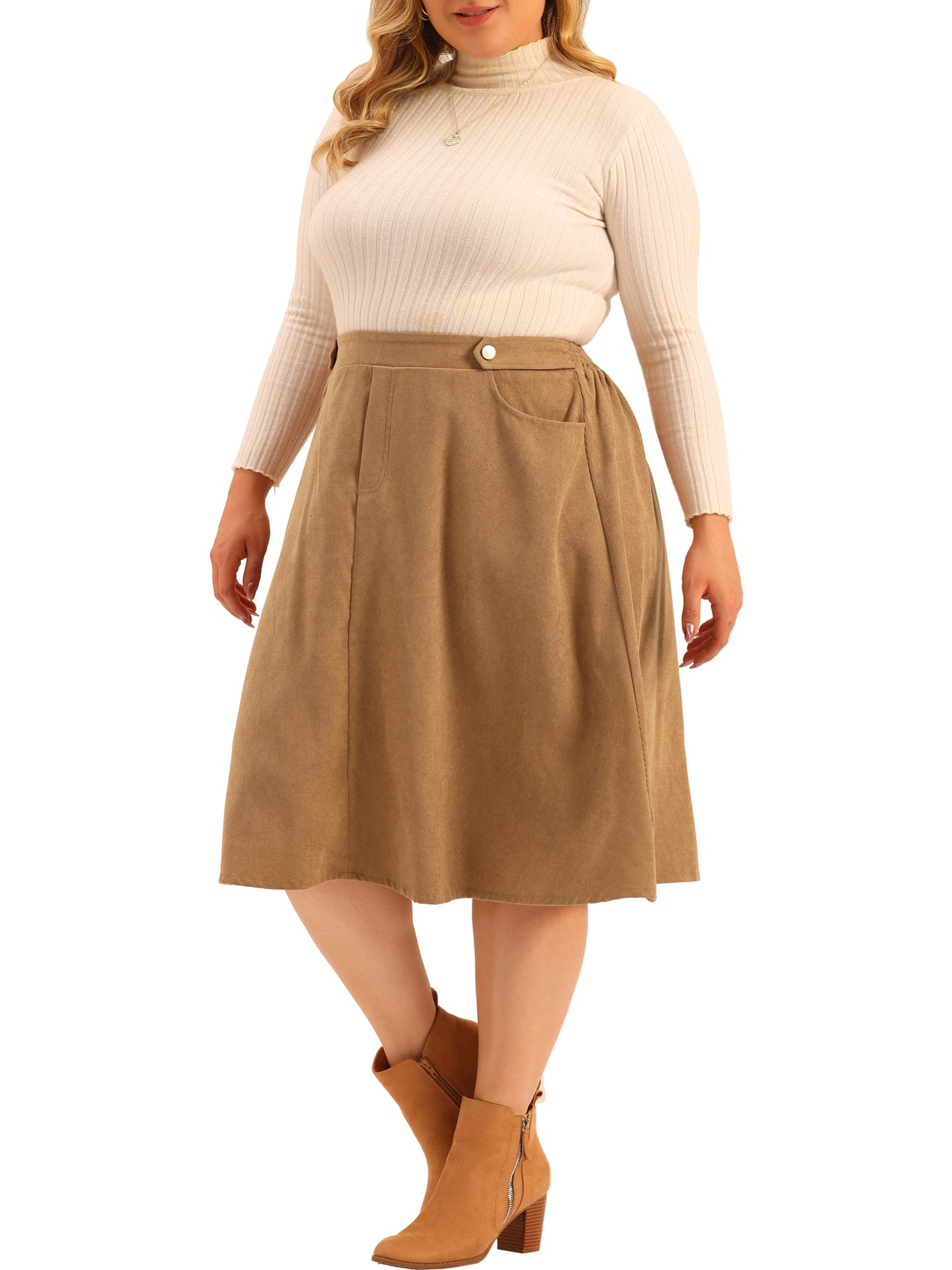 Women Plus Size Corduroy Skirt Elastic High A Line With Pockets Midi Skirt