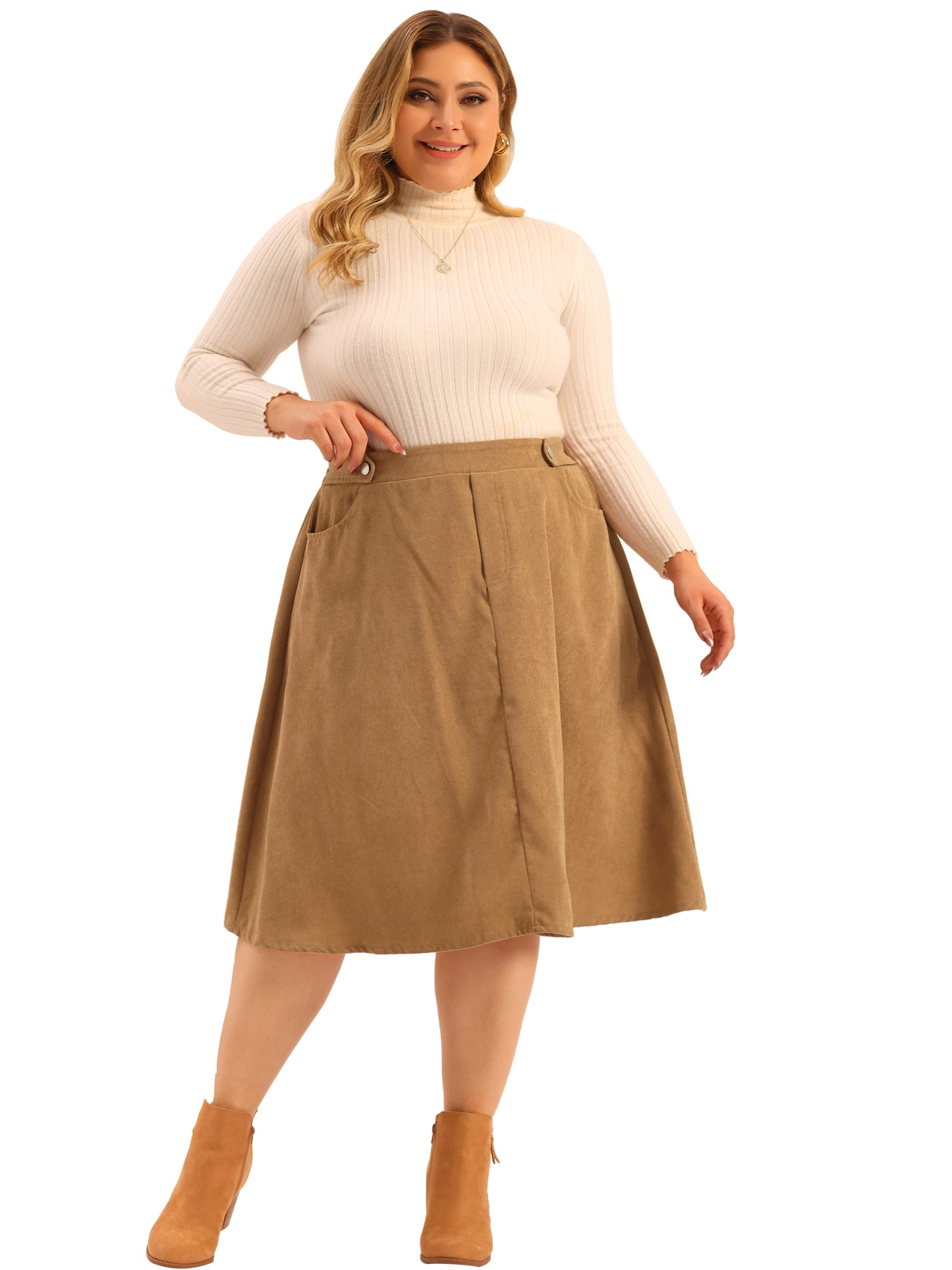 Women Plus Size Corduroy Skirt Elastic High A Line With Pockets Midi Skirt