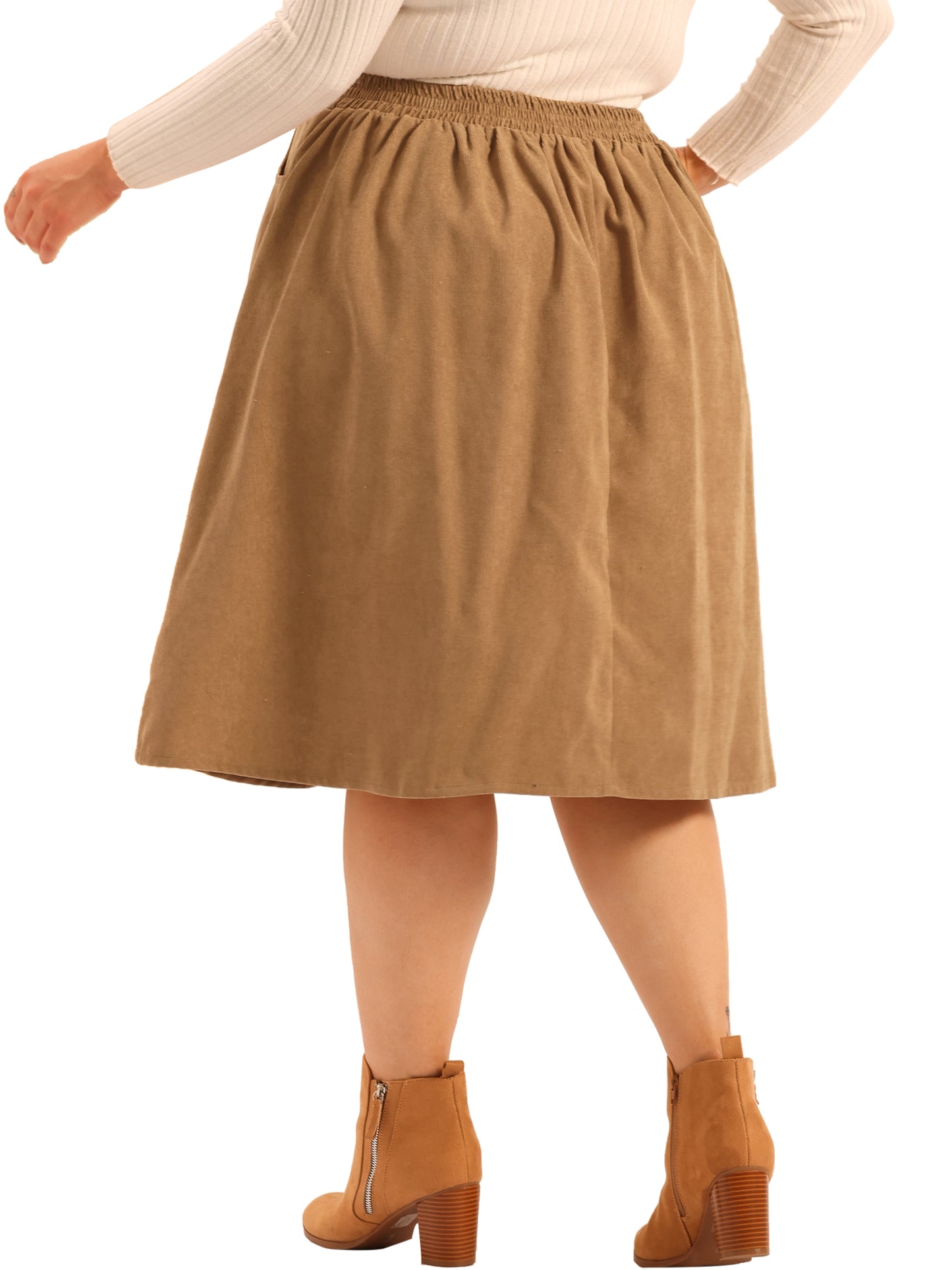 Women Plus Size Corduroy Skirt Elastic High A Line With Pockets Midi Skirt