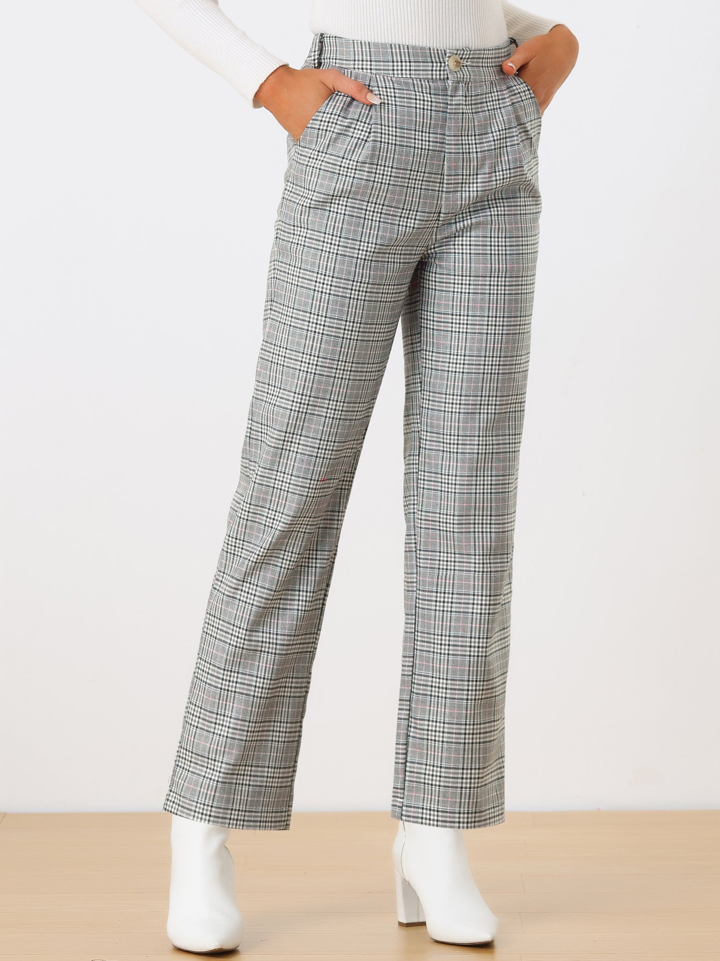 Women's Plaid Pants Elastic Waist Casual Work Office Long Trousers