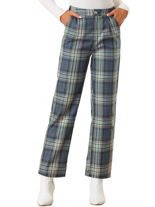 Women's Plaid Pants Elastic Waist Casual Work Office Long Trousers