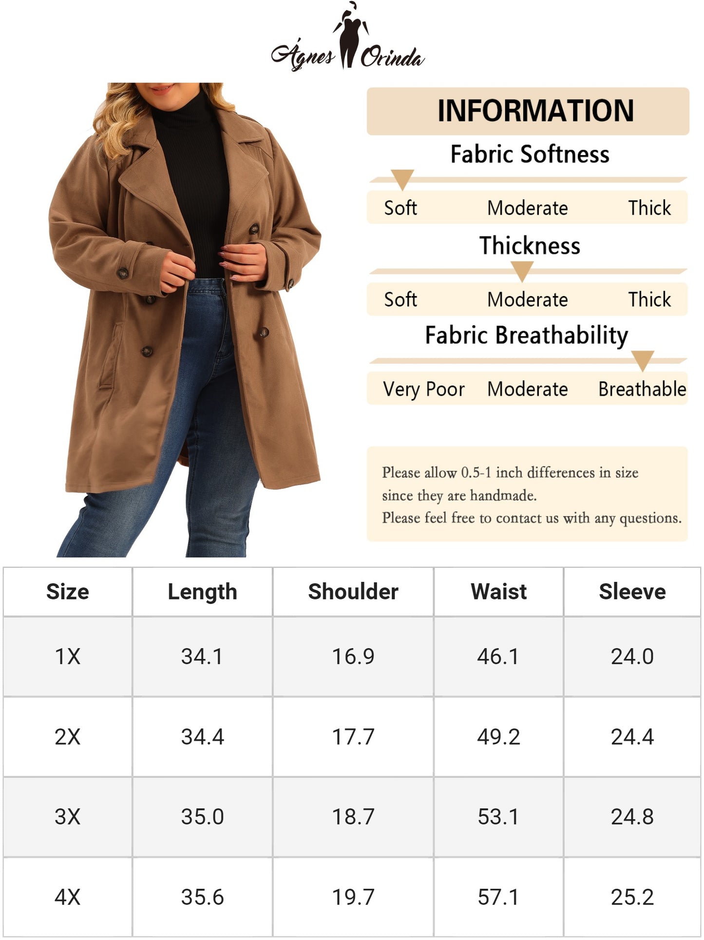 Women Plus Size Trench Coat Faux Suede Jackets Notched Lapel Double Breasted Coat Jacket
