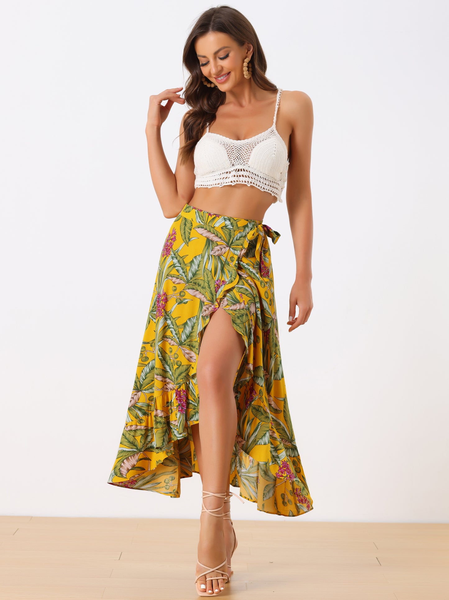 Women's Tropical Floral Print Ruffle Self Tie Knot Split Beach Wrap Skirt