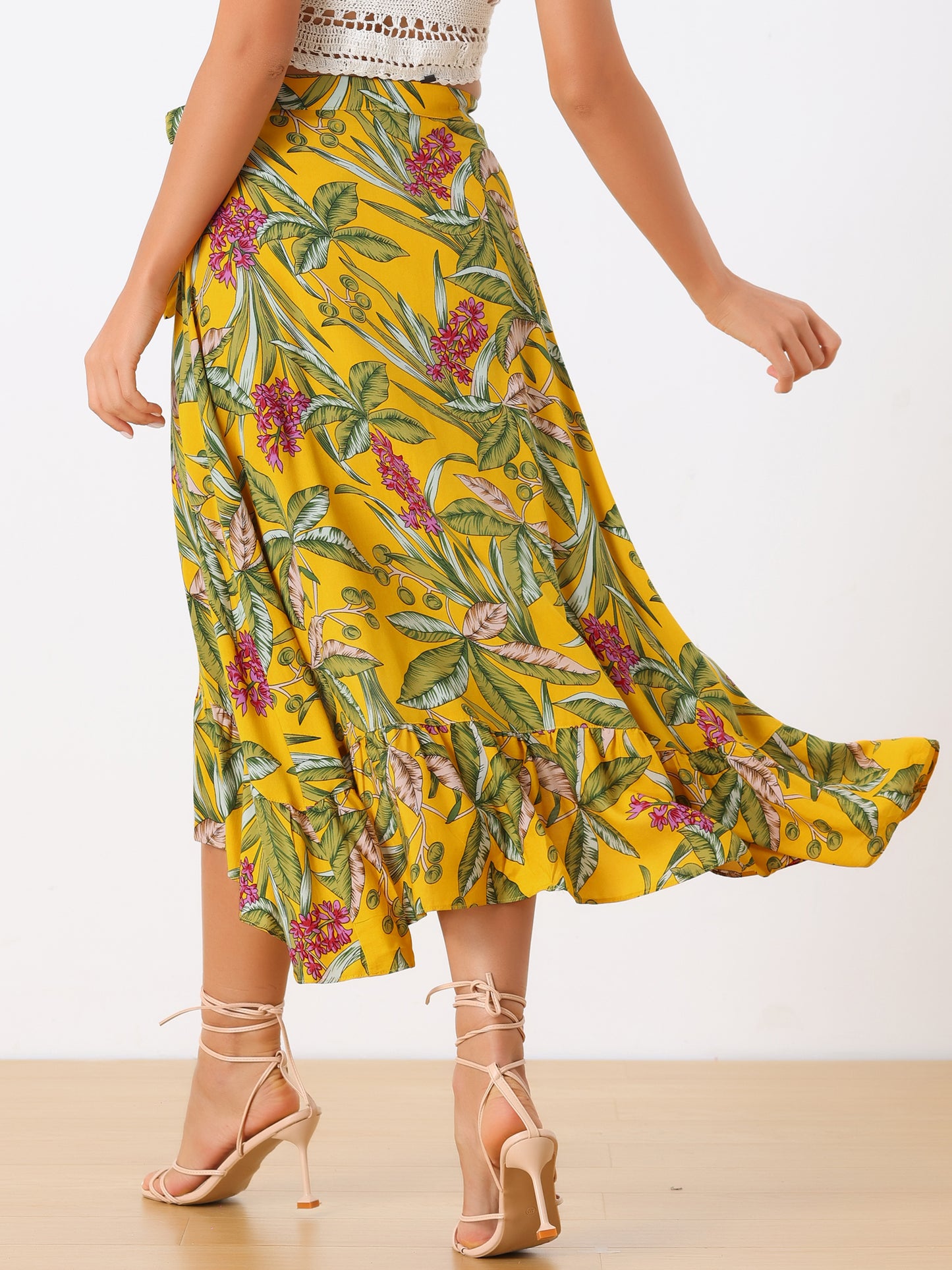 Women's Tropical Floral Print Ruffle Self Tie Knot Split Beach Wrap Skirt