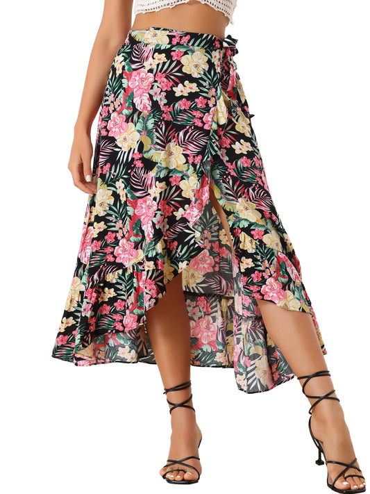Women's Tropical Floral Print Ruffle Self Tie Knot Split Beach Wrap Skirt