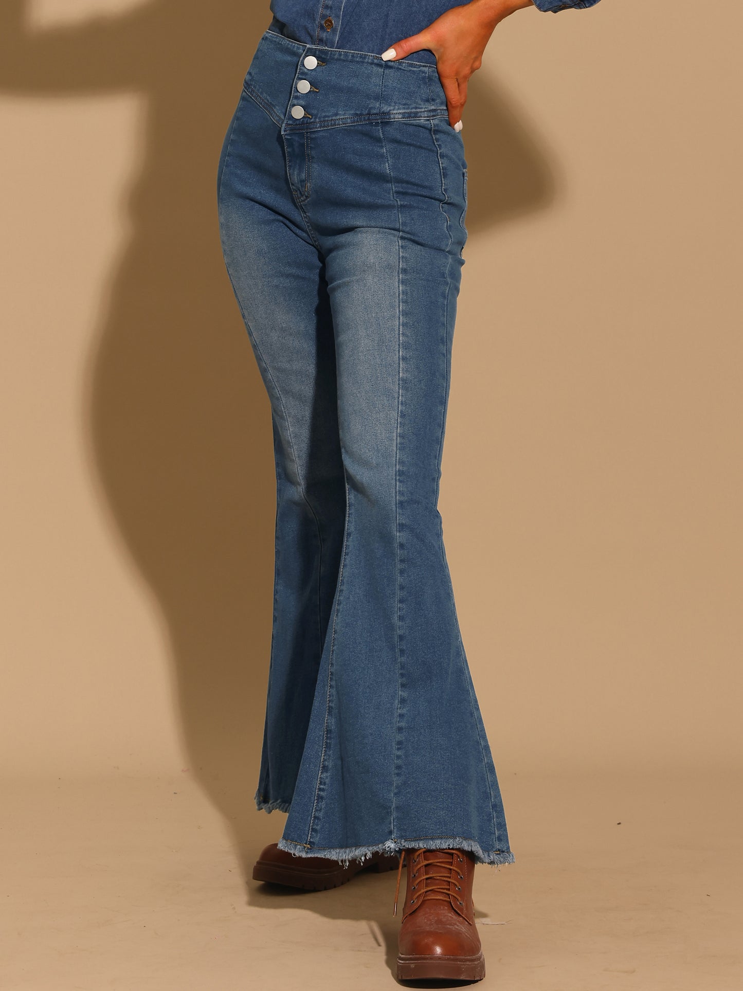 Women's Flared Jeans High Rised Button Front Seam Bell Bottom Denim Pants