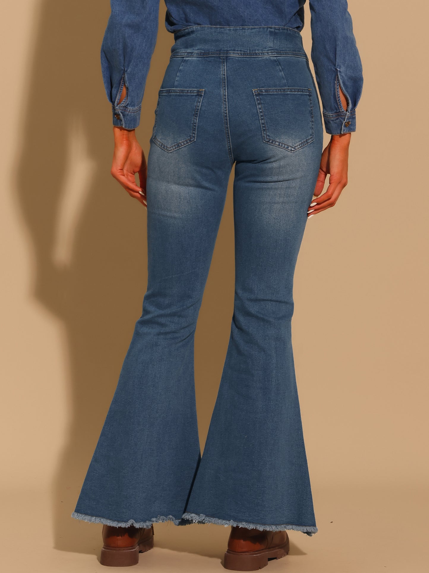 Women's Flared Jeans High Rised Button Front Seam Bell Bottom Denim Pants