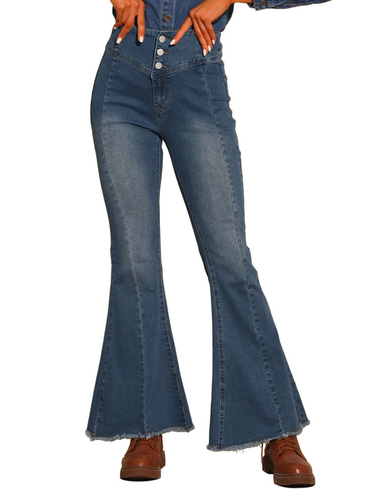 Women's Flared Jeans High Rised Button Front Seam Bell Bottom Denim Pants