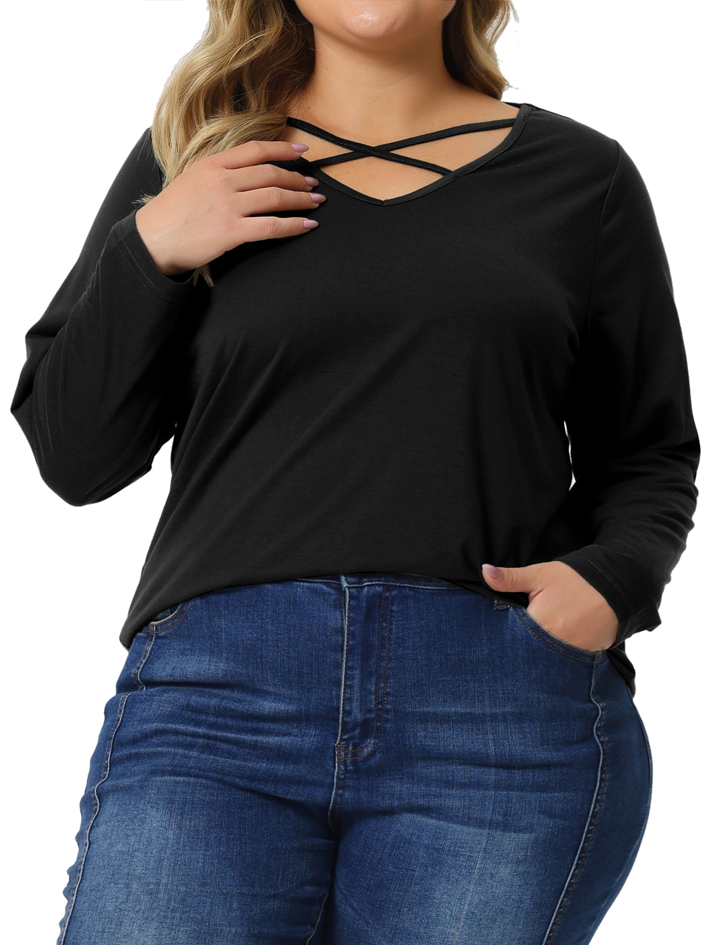 Women Plus Size Top Cross V Neck Casual Long Sleeves T-shirt